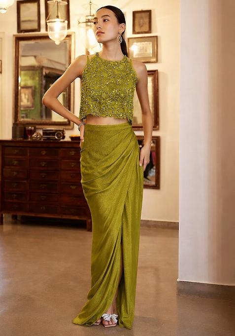 Olive Green Satin Handwork Fusion Set