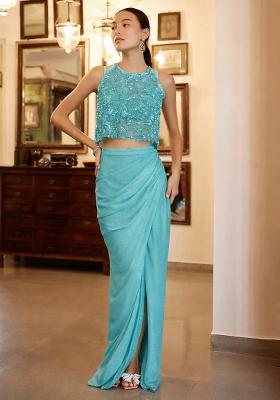 Sky Blue Satin Handwork Fusion Set