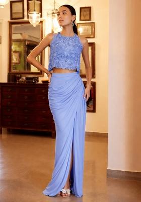 Pastel Blue Satin Handwork Fusion Set
