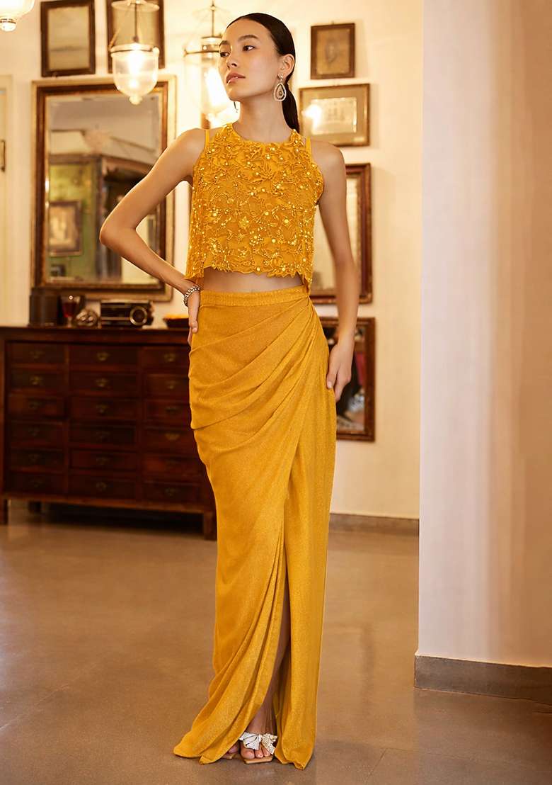 Mustard Satin Handwork Fusion Set - Indya