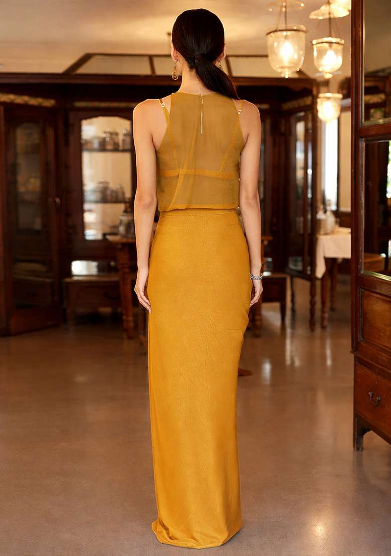 Mustard Satin Handwork Fusion Set - Indya