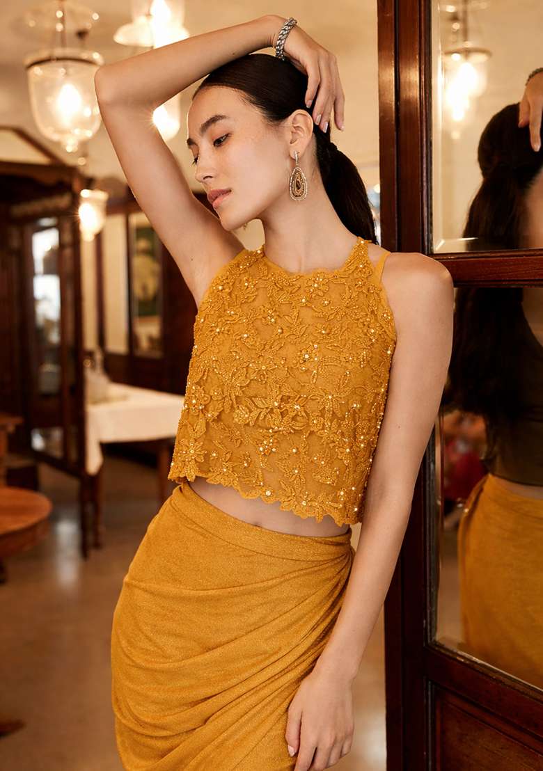 Mustard Satin Handwork Fusion Set - Indya