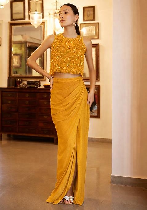 Mustard Satin Handwork Fusion Set