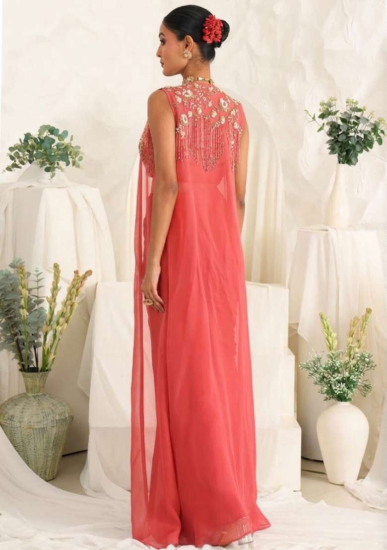 Peach Georgette Handwork Fusion Set - Indya