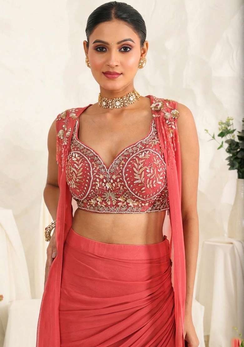 Peach Georgette Handwork Fusion Set - Indya