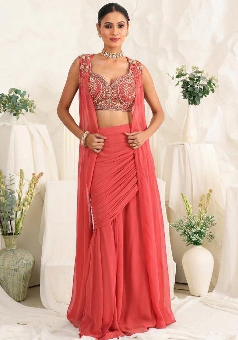 Peach Georgette Handwork Fusion Set