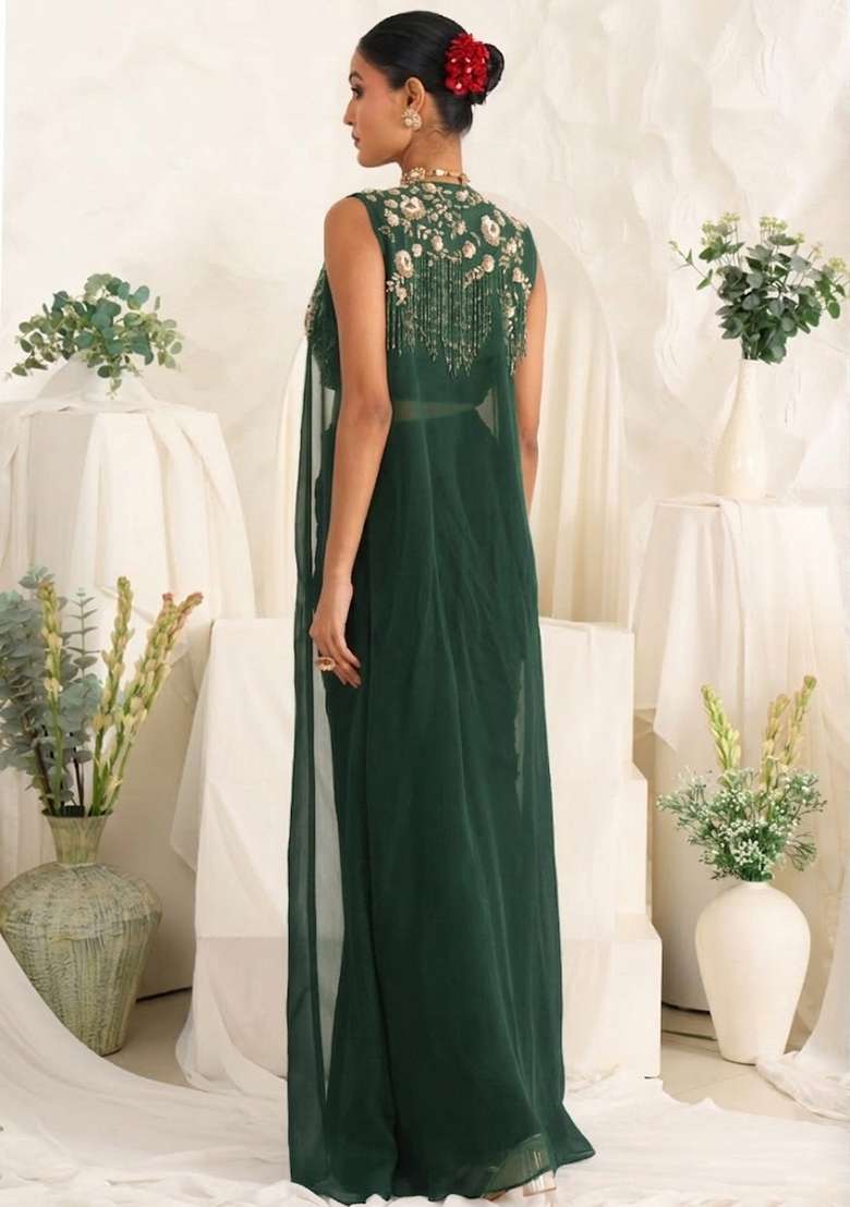 Forest Green Georgette Handwork Fusion Set - Indya
