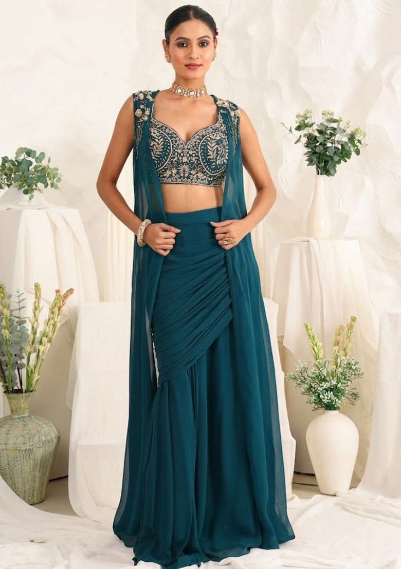 Deep Teal Blue Georgette Handwork Fusion Set - Indya
