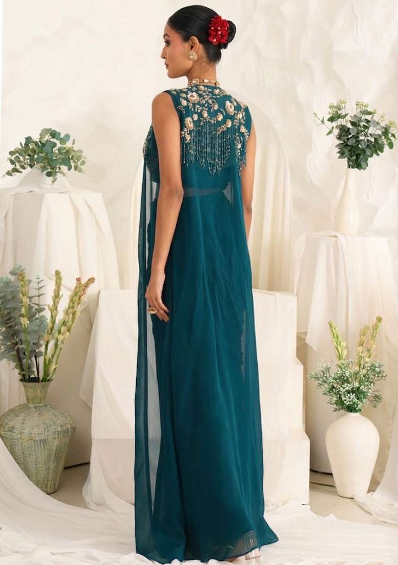 Deep Teal Blue Georgette Handwork Fusion Set - Indya