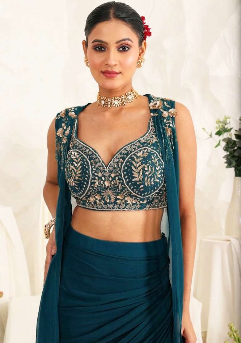 Deep Teal Blue Georgette Handwork Fusion Set - Indya