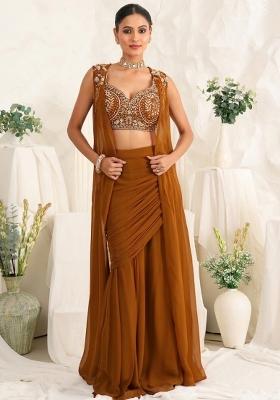Olive Brown Georgette Handwork Fusion Set