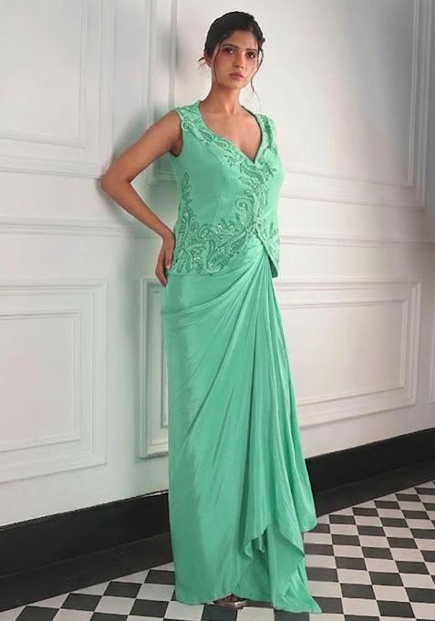 Mint Green Satin Handwork Fusion Set