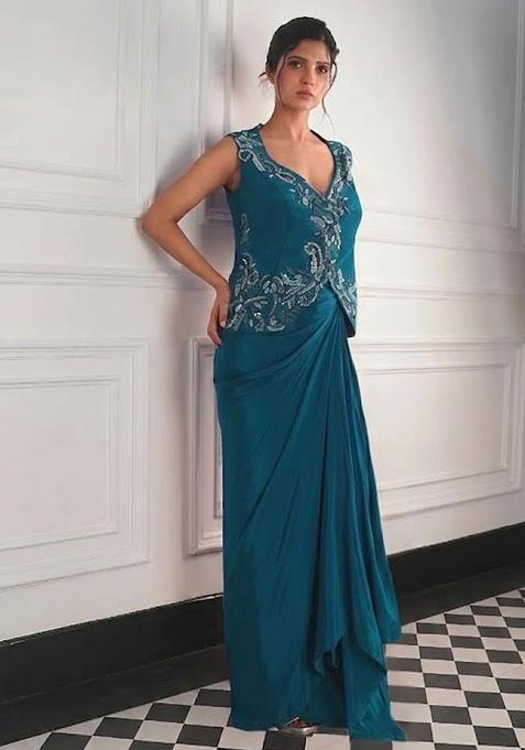 Teal Blue Satin Handwork Fusion Set