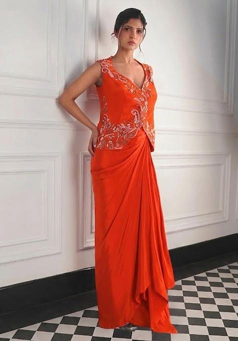 Orange Satin Handwork Fusion Set