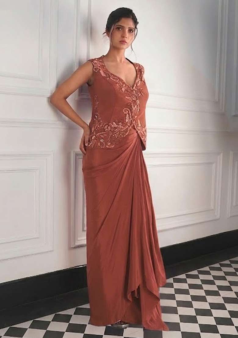 Rust Satin Handwork Fusion Set - Indya