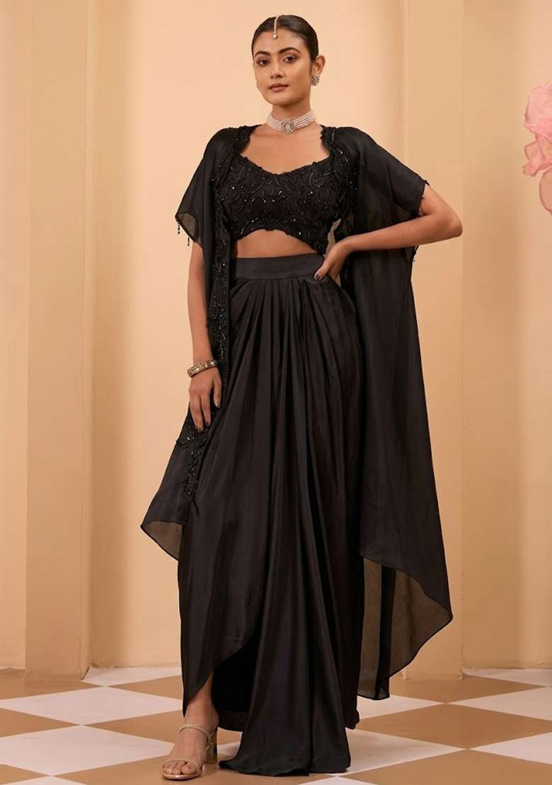 Black Satin Handwork Fusion Set - Indya