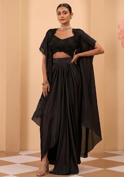Black Satin Handwork Fusion Set