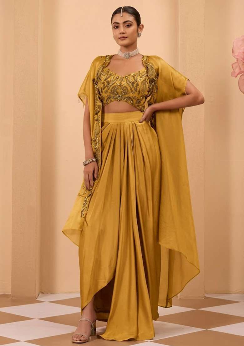 Mustard Satin Handwork Fusion Set - Indya
