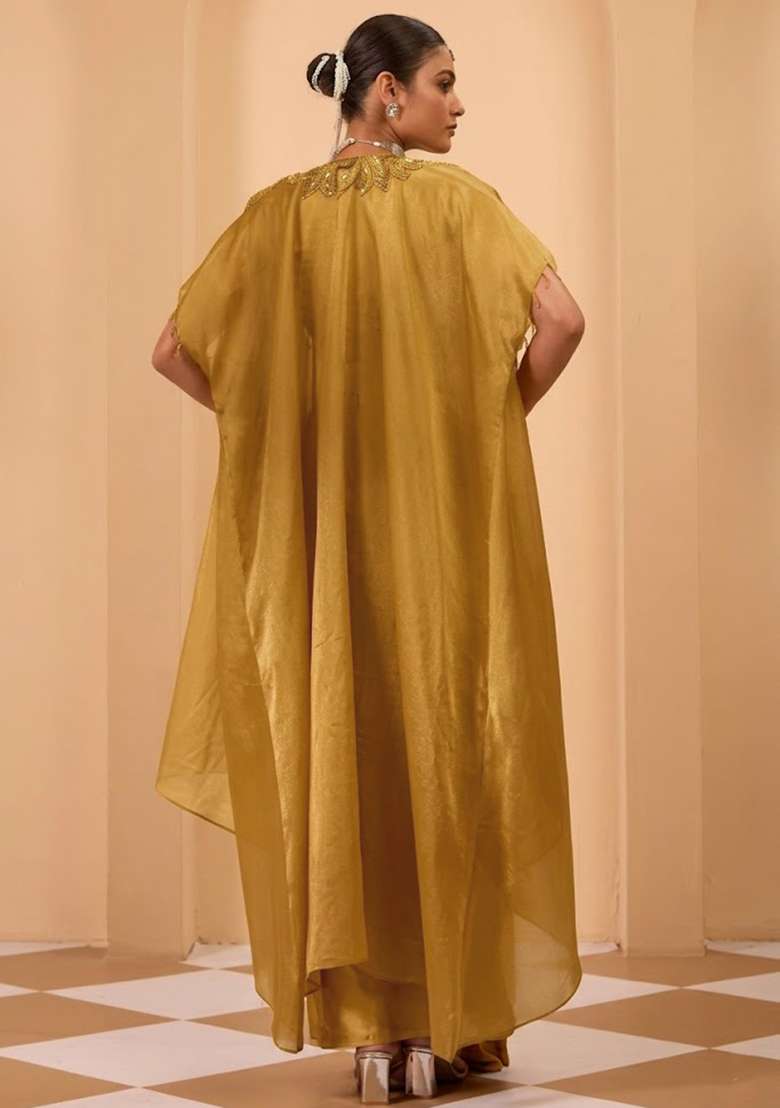 Mustard Satin Handwork Fusion Set - Indya