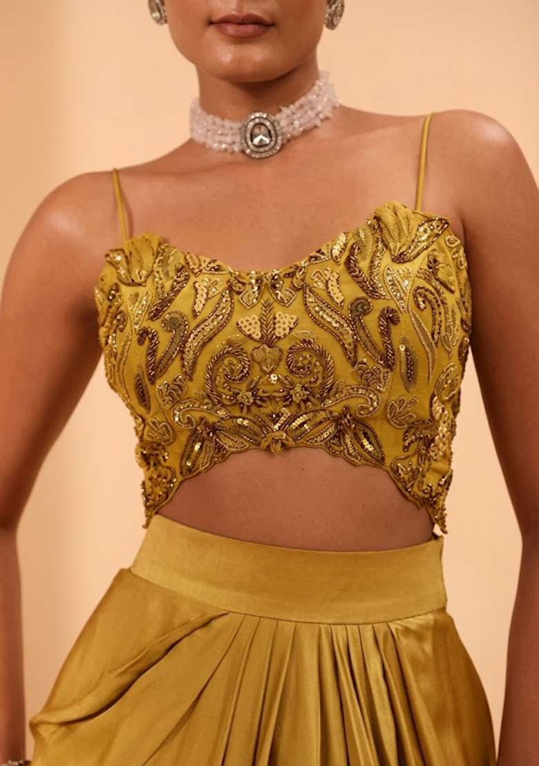 Mustard Satin Handwork Fusion Set - Indya