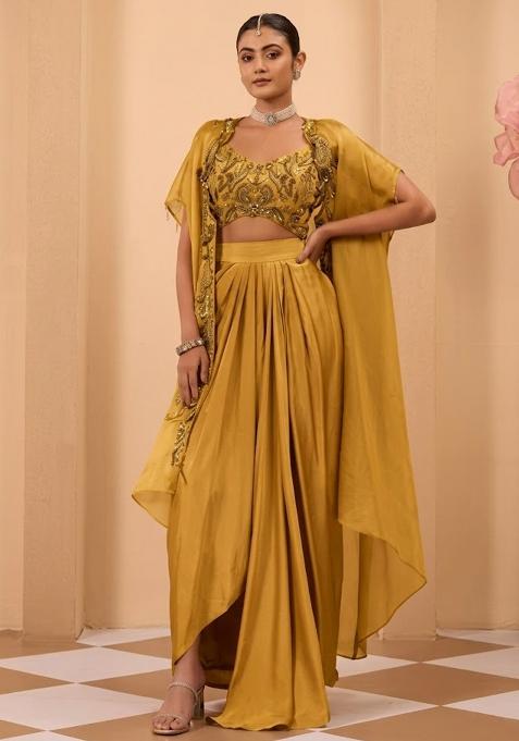 Mustard Satin Handwork Fusion Set