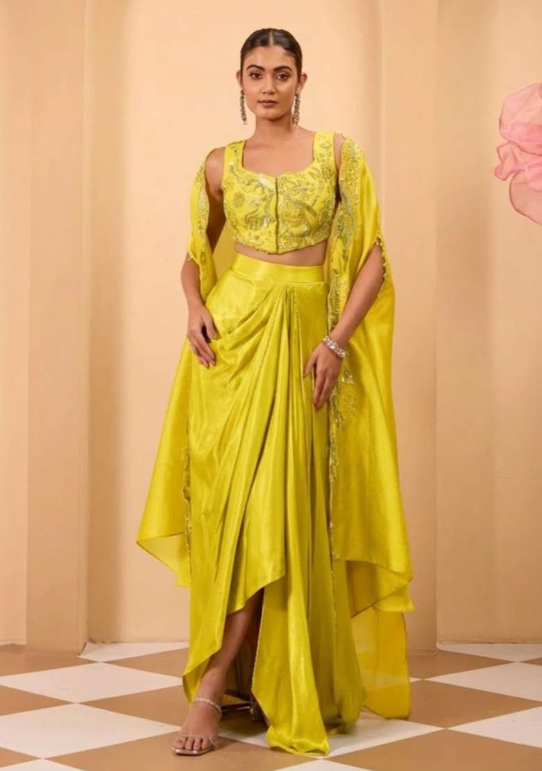 Yellow Crepe Handwork Fusion Set - Indya