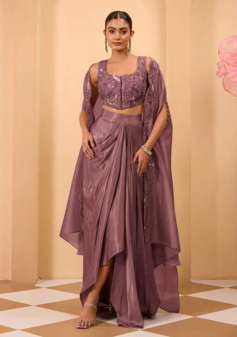 Pink Crepe Handwork Fusion Set - Indya