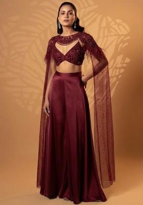 Wine Red Satin Handwork Lehenga Set