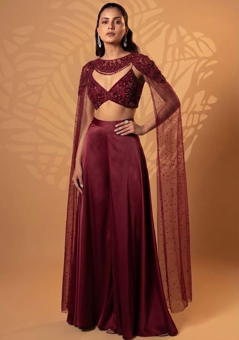 Wine Red Satin Handwork Lehenga Set - Indya