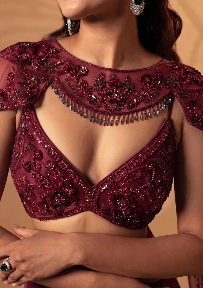 Wine Red Satin Handwork Lehenga Set - Indya
