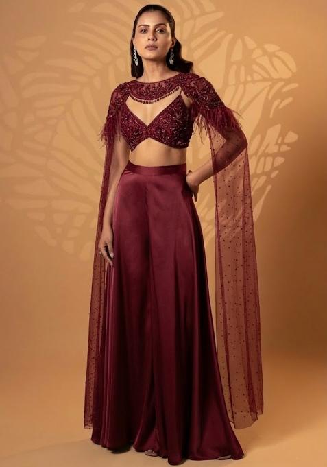 Wine Red Satin Handwork Lehenga Set