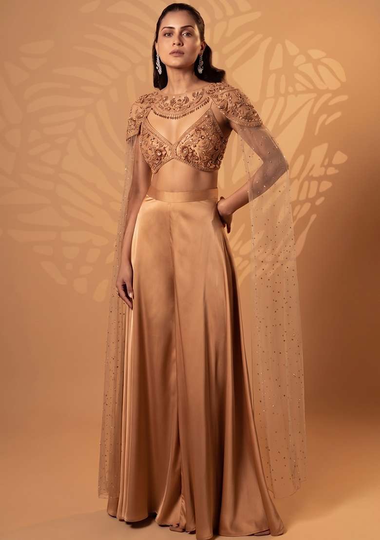Beige Satin Handwork Lehenga Set - Indya