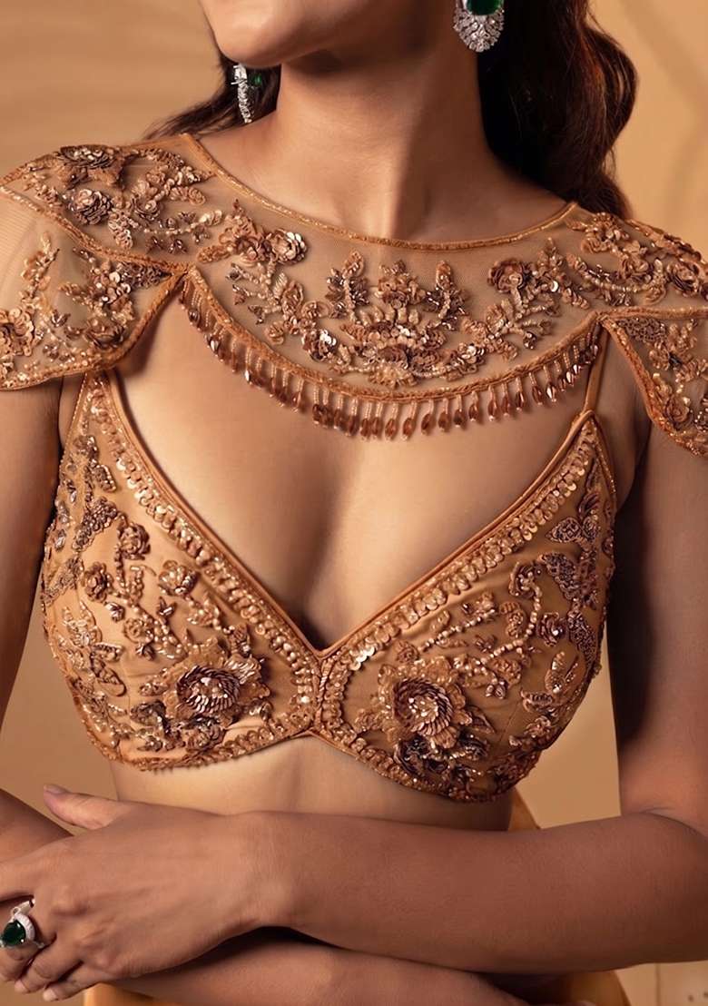 Beige Satin Handwork Lehenga Set - Indya