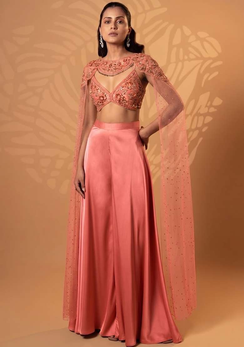 Pink Satin Handwork Lehenga Set - Indya