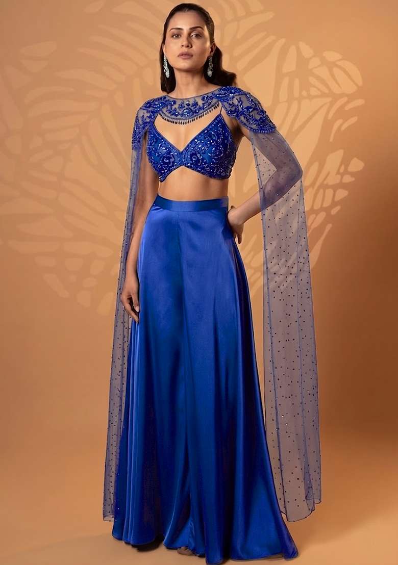Deep Blue Satin Handwork Lehenga Set - Indya