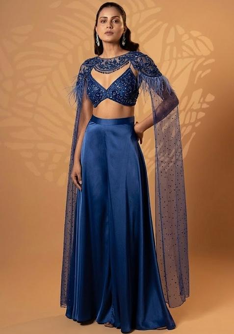 Deep Blue Satin Handwork Lehenga Set