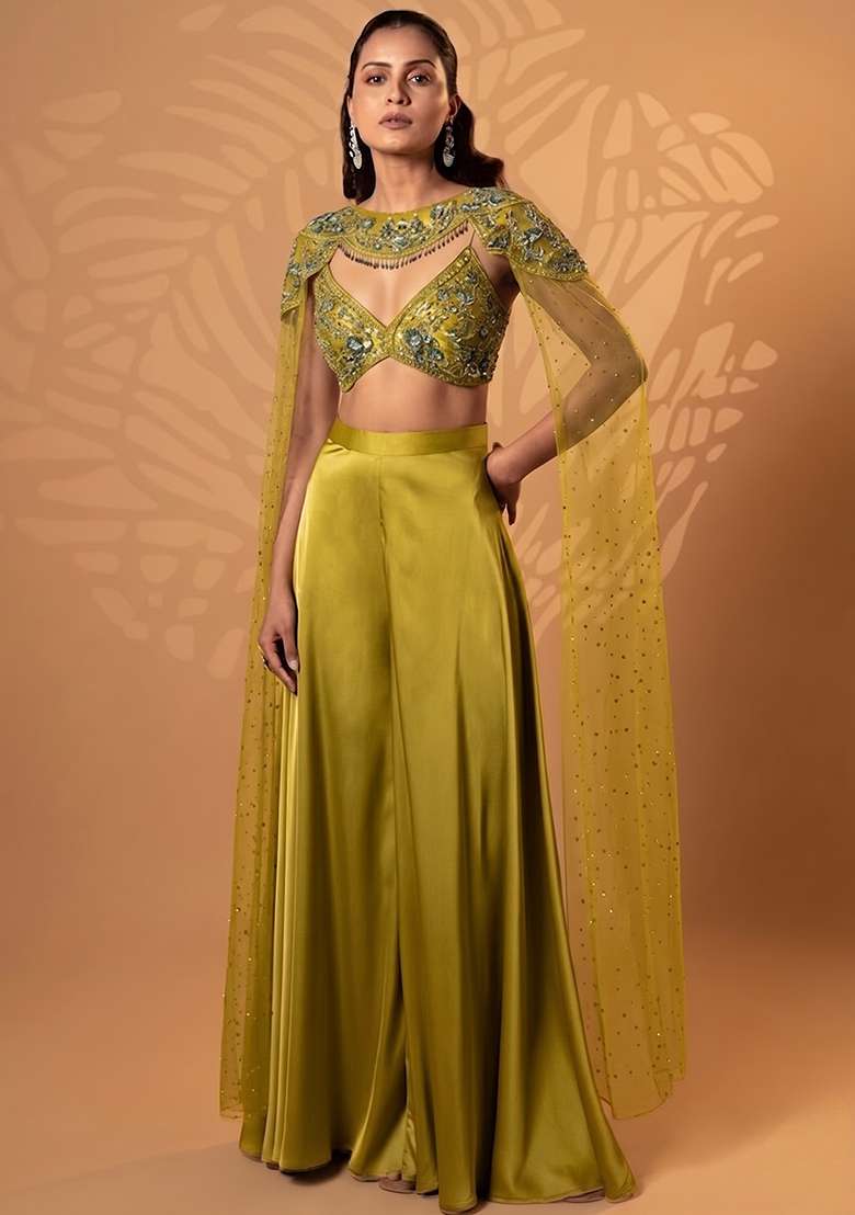 Olive Green Satin Handwork Lehenga Set - Indya