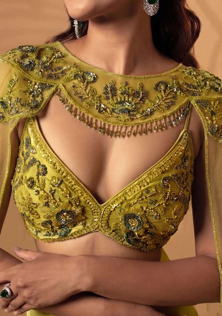 Olive Green Satin Handwork Lehenga Set - Indya