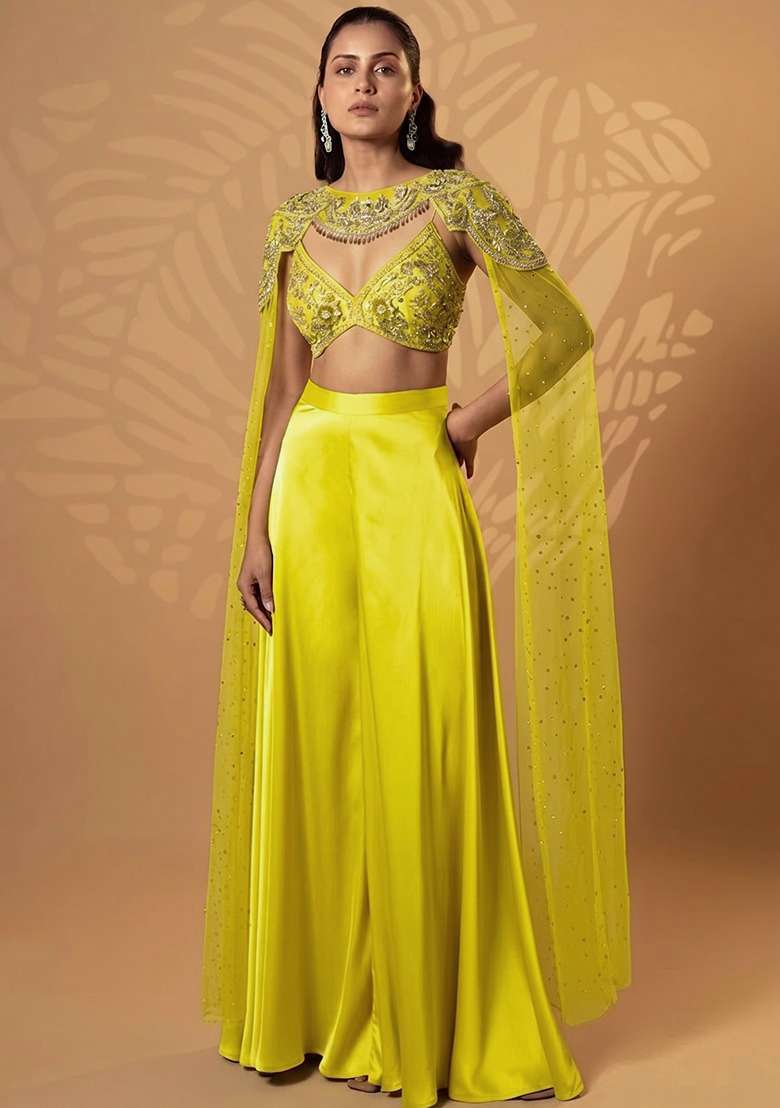 Yellow Satin Handwork Lehenga Set - Indya