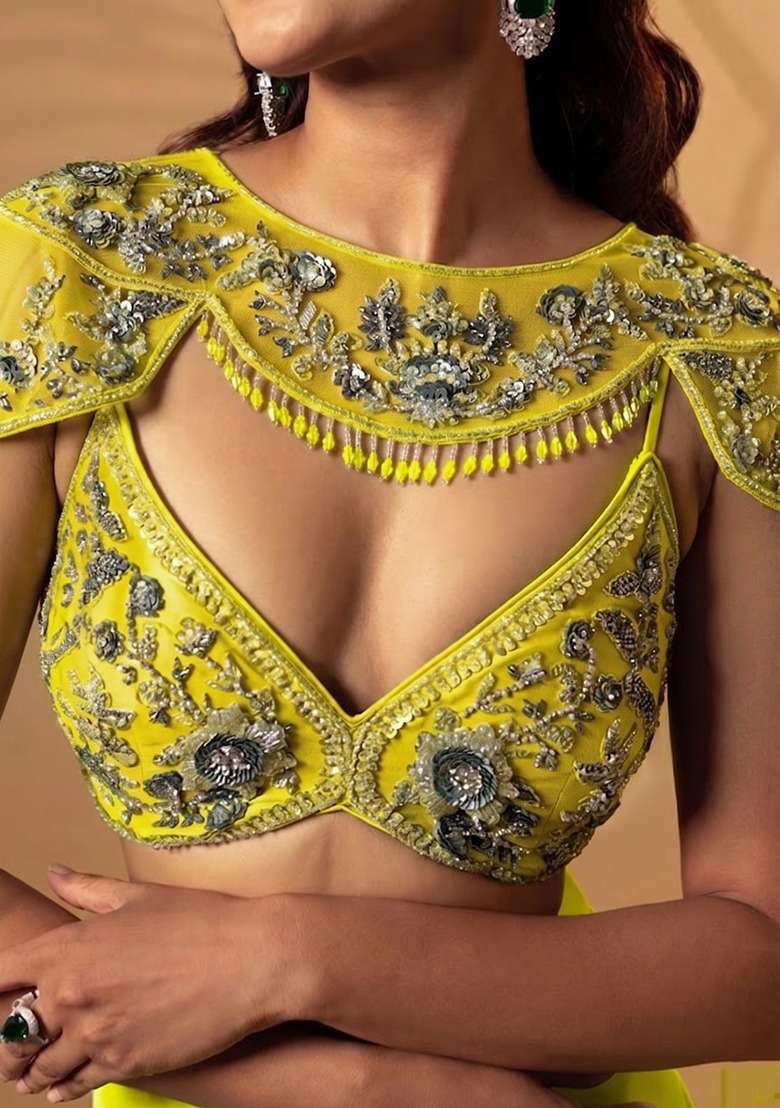 Yellow Satin Handwork Lehenga Set - Indya