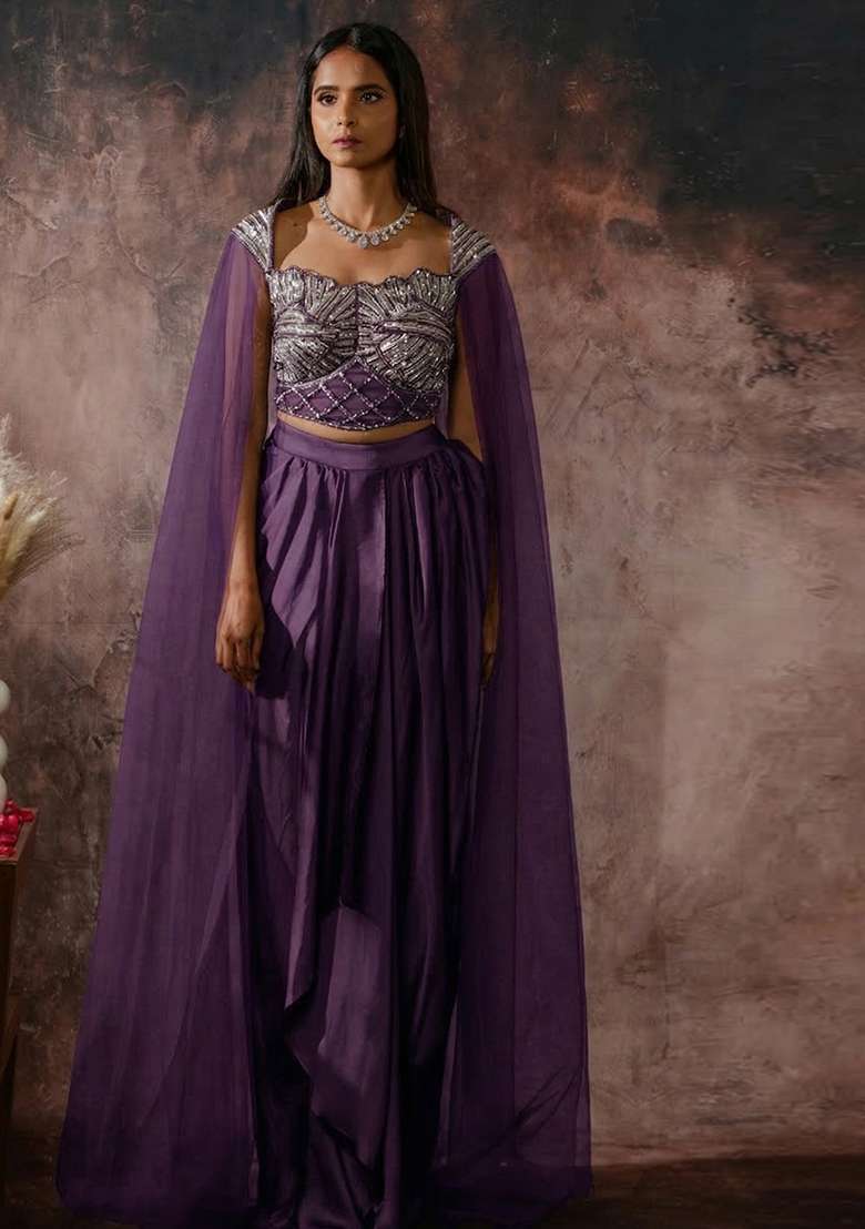 Deep Purple Crepe Handwork Fusion Set - Indya