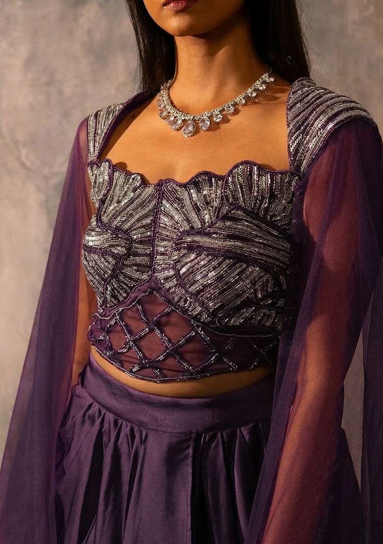 Deep Purple Crepe Handwork Fusion Set - Indya