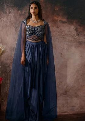 Deep Pastel Blue Crepe Handwork Fusion Set