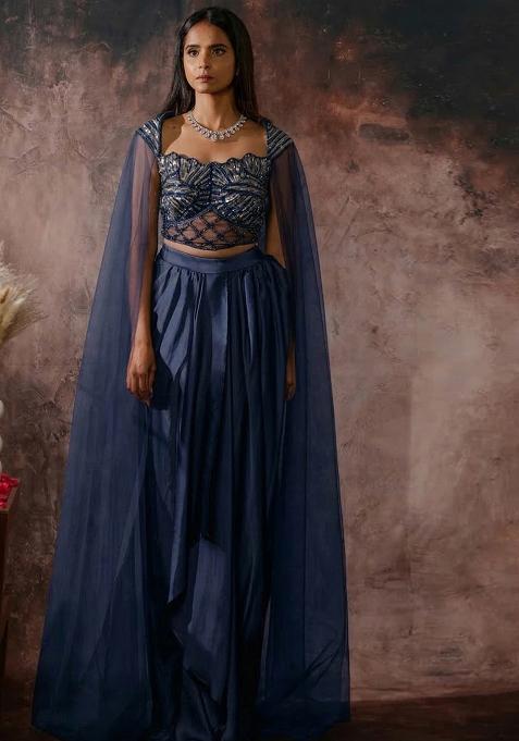 Deep Pastel Blue Crepe Handwork Fusion Set