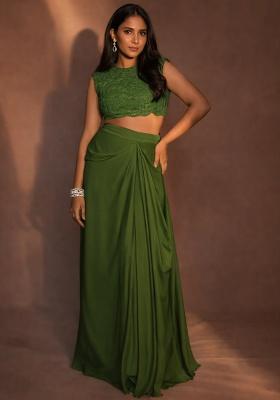 Olive Green Crepe Handwork Fusion Set
