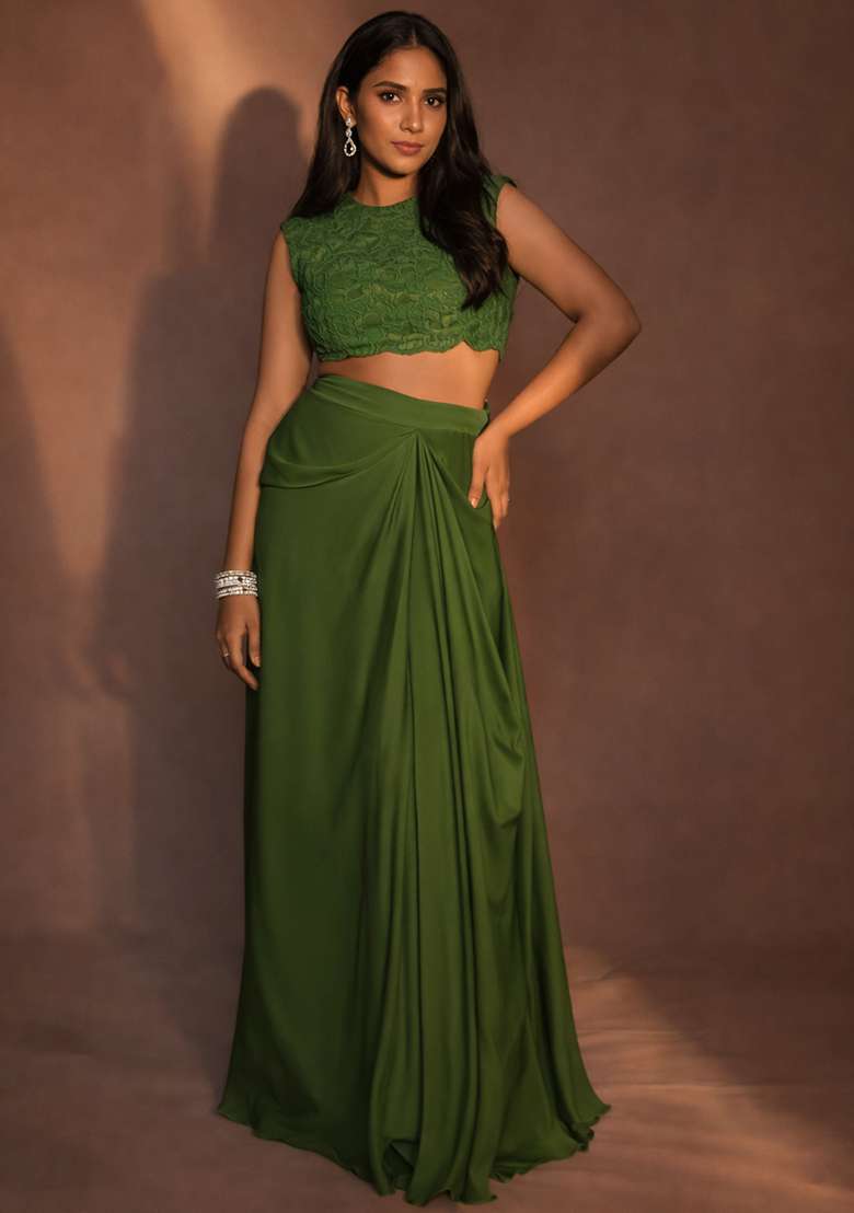 Olive Green Crepe Handwork Fusion Set - Indya