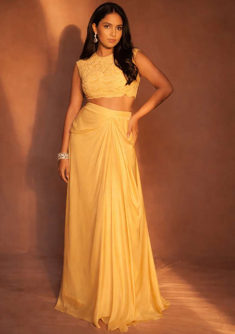 Yellow Crepe Handwork Fusion Set - Indya