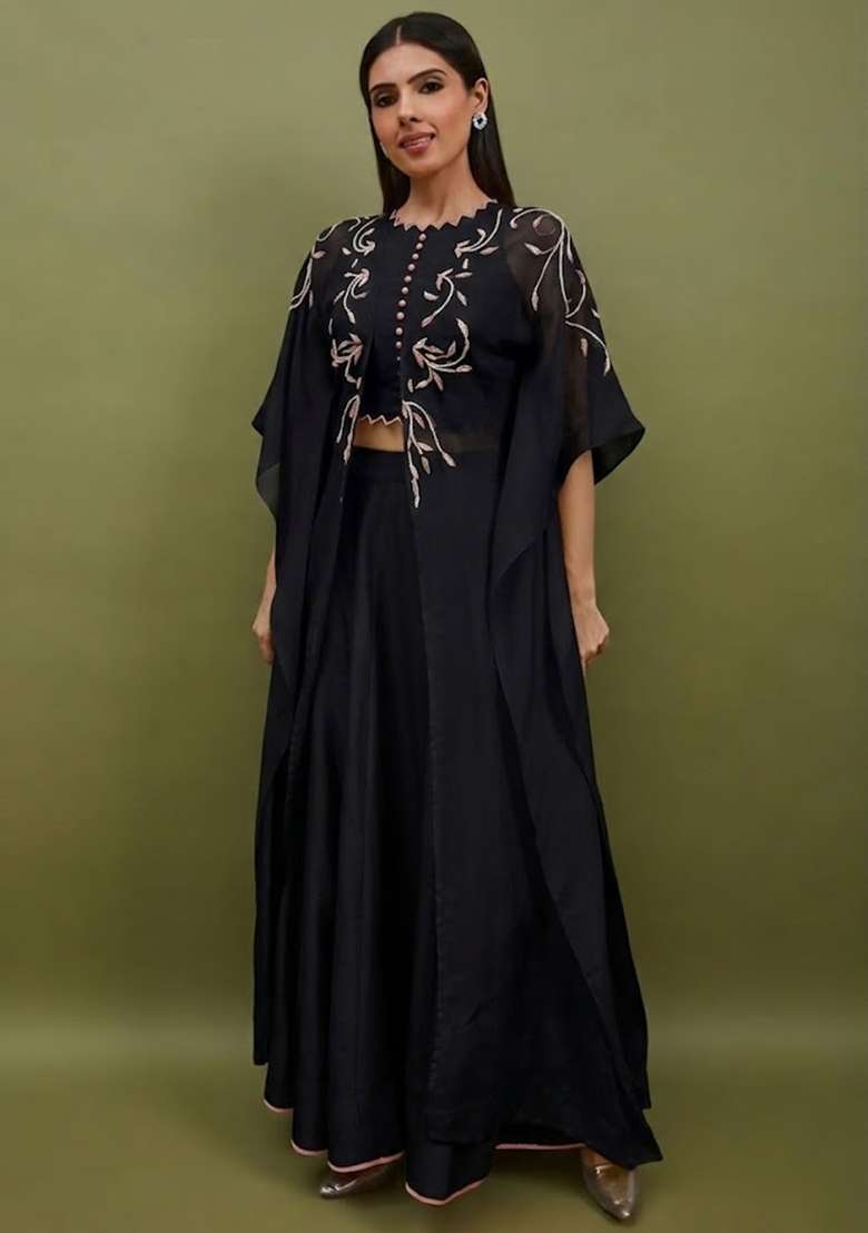 Jet Black Silk Blend Handwork Lehenga Set - Indya