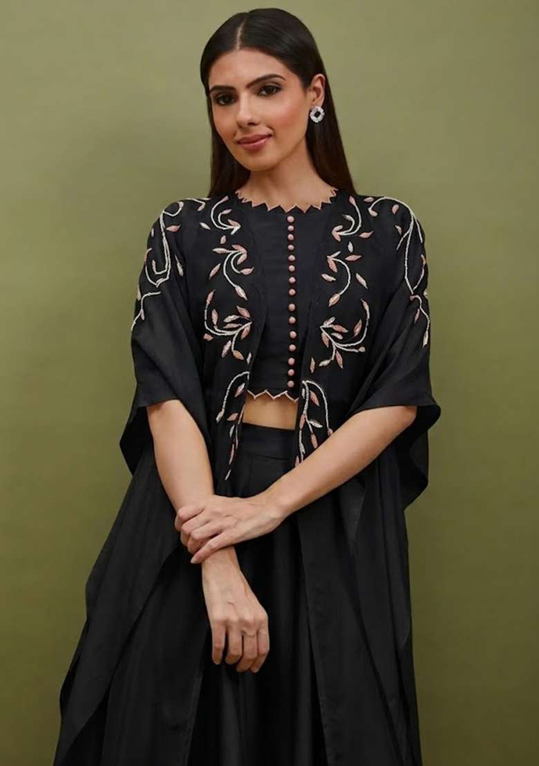 Jet Black Silk Blend Handwork Lehenga Set - Indya
