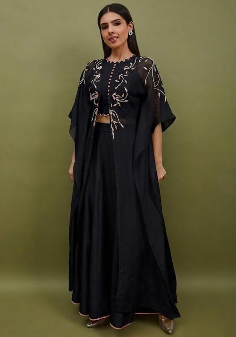 Jet Black Silk Handwork Lehenga Set